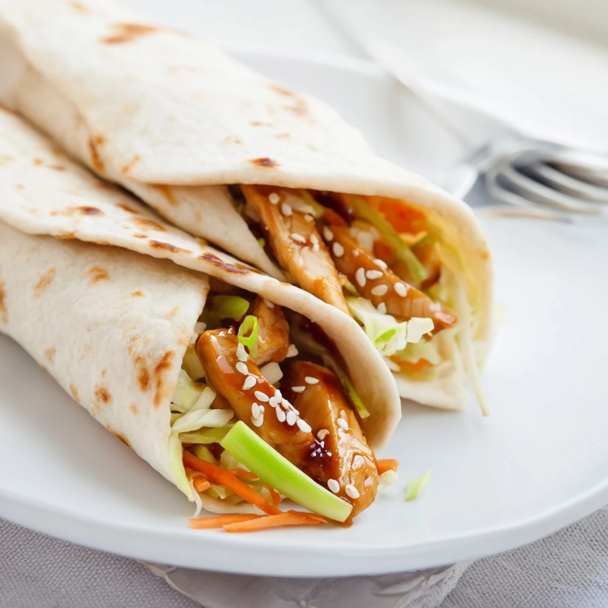 Savory Teriyaki Chicken Wrap stuffed with glazed chicken, crunchy cabbage, and carrots in a warm tortilla.