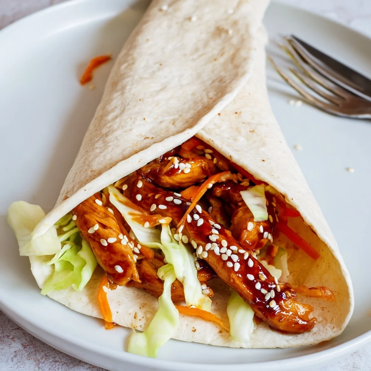 Freshly rolled Teriyaki Chicken Wrap with sesame seeds and cilantro, a flavorful handheld meal for busy weeknights.