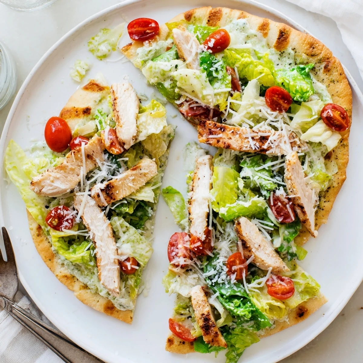 Golden-brown Caesar Chicken Flatbread topped with juicy sliced chicken, crisp romaine, and creamy Caesar dressing on a baking sheet.  