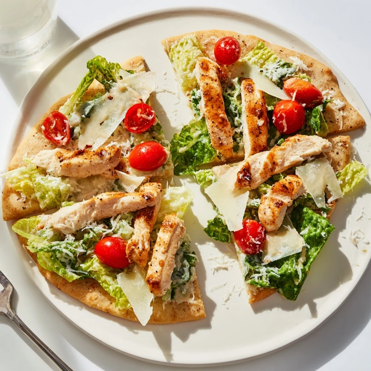 Savory Caesar Chicken Flatbread with fresh romaine, Parmesan, and lemon wedges, ready to serve on a rustic wooden table.  