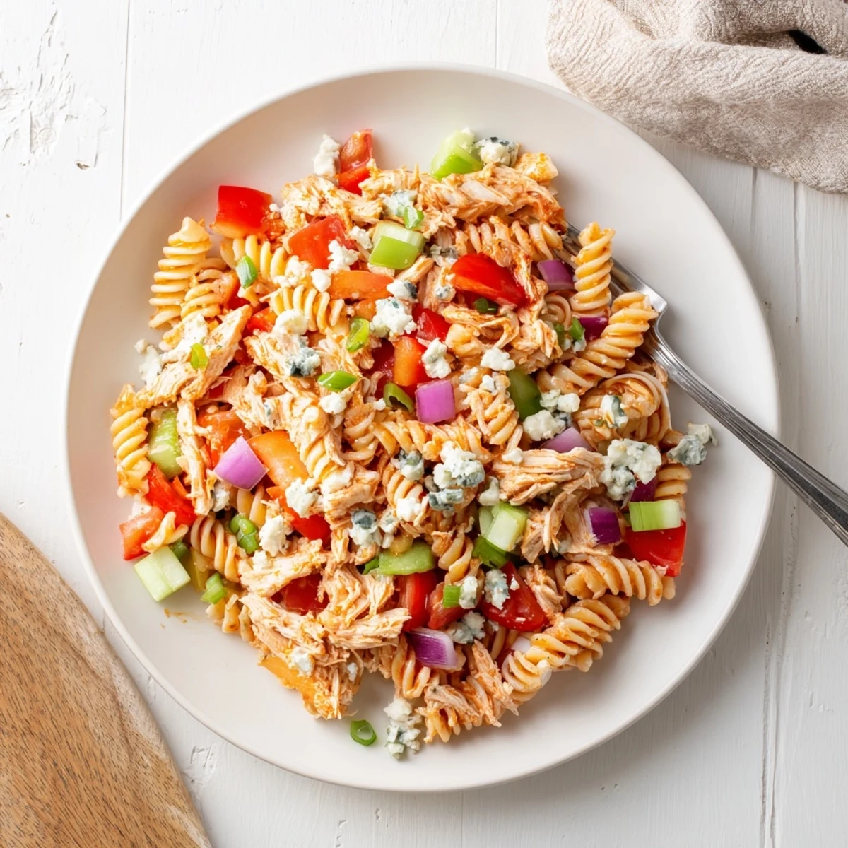 Cool Buffalo Chicken Pasta Salad with rotini, shredded chicken, celery, red peppers, and creamy ranch dressing in a white bowl.