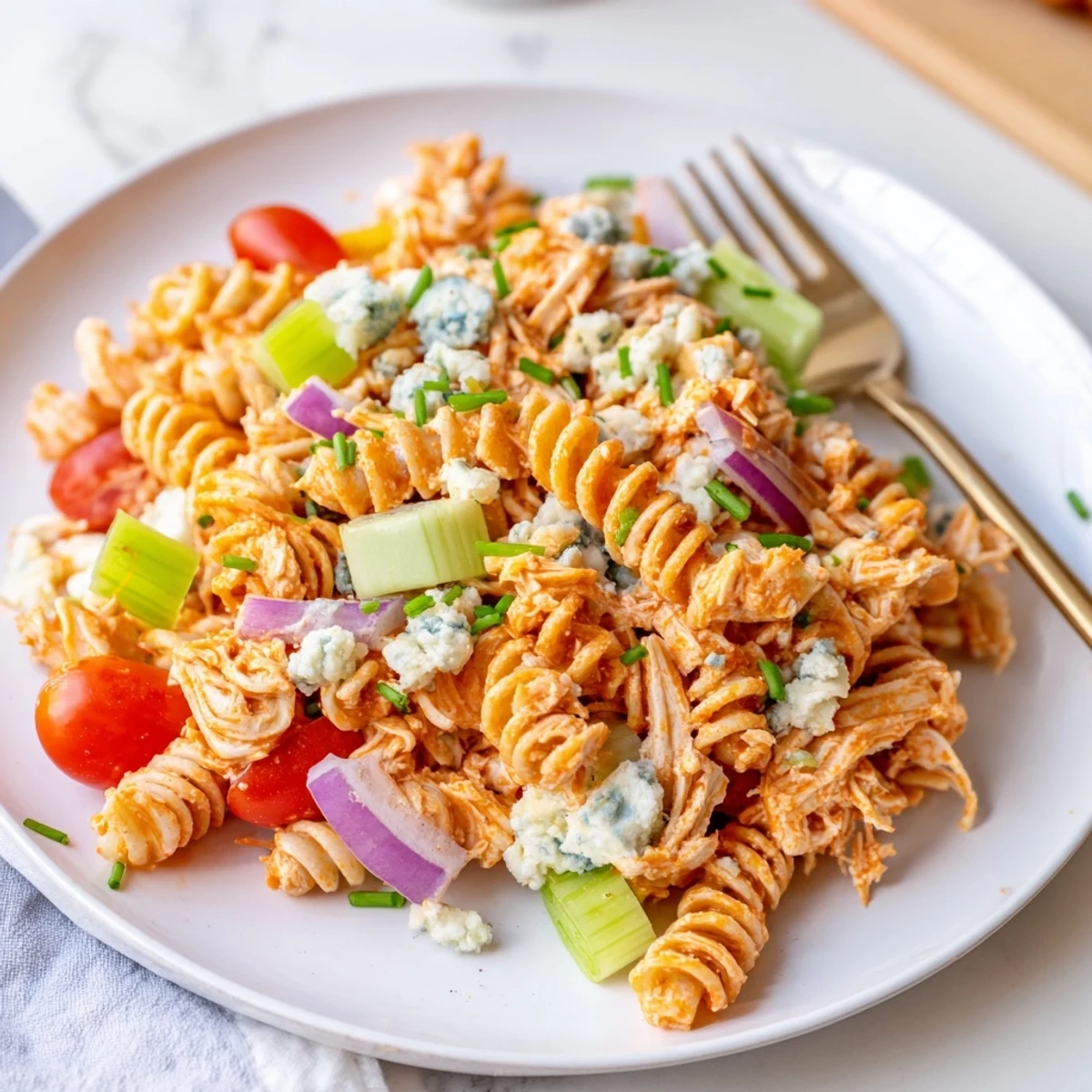Homemade Buffalo Chicken Pasta Salad with cherry tomatoes and red onion, tossed in a creamy ranch dressing, ready for a potluck.
