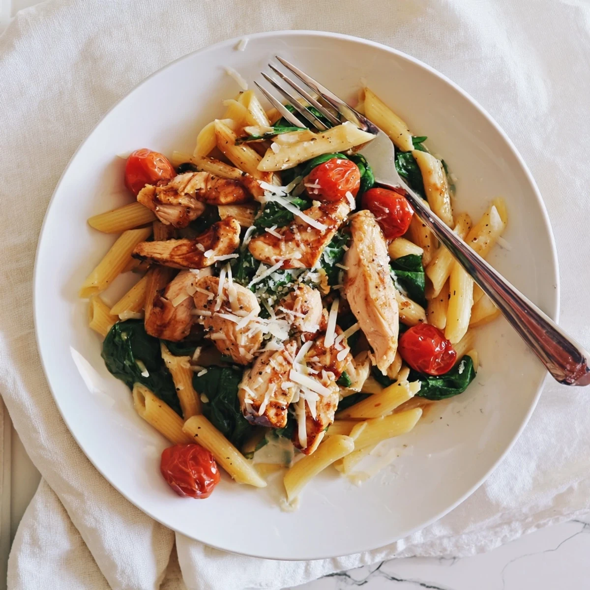 Tender chicken strips in a glossy balsamic glaze over al dente penne, garnished with fresh basil and grated Parmesan.