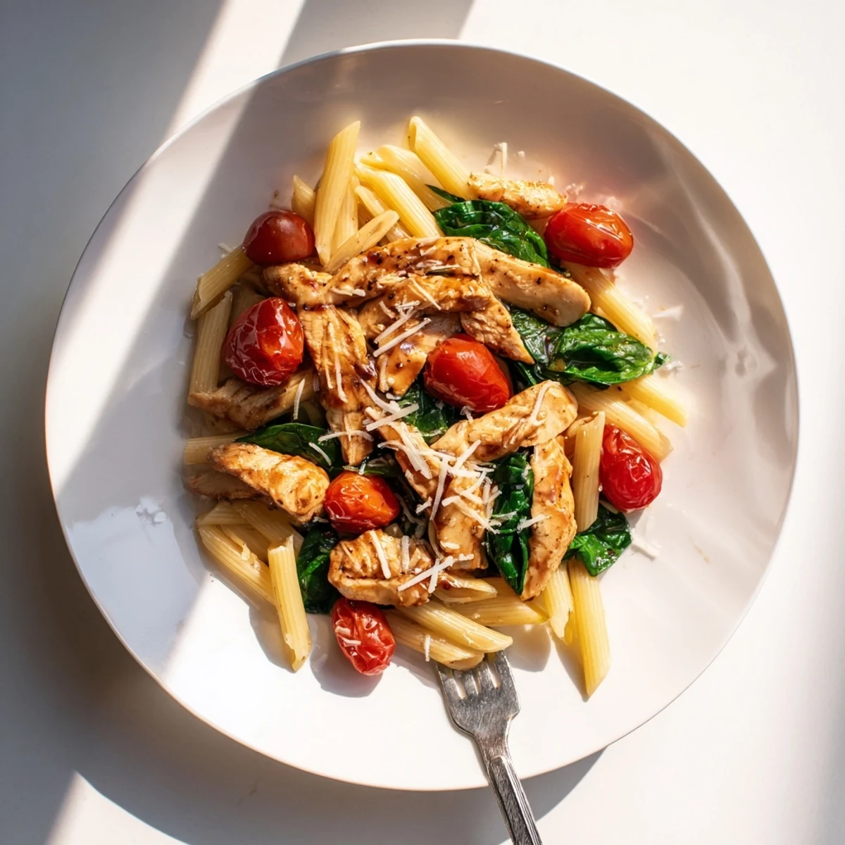 A close-up of sautéed chicken and cherry tomatoes tossed with spinach and pasta in a rich balsamic sauce.