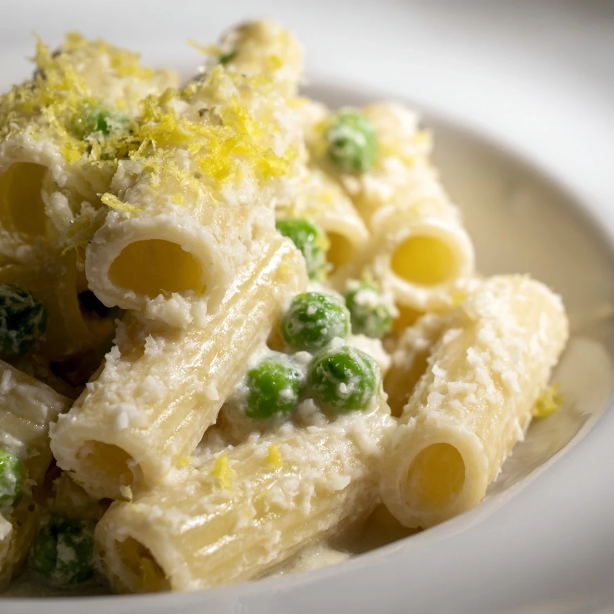 Steaming Pea & Lemon Ricotta Pasta tossed with rigatoni, fresh peas, and a creamy ricotta sauce.  