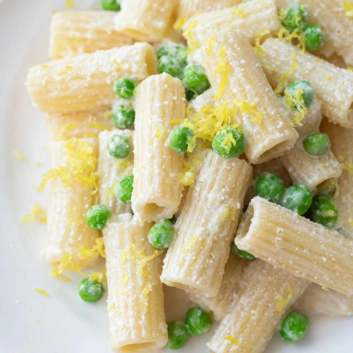 Spring-inspired Pea & Lemon Ricotta Pasta with al dente rigatoni, green peas, and herby basil garnish.