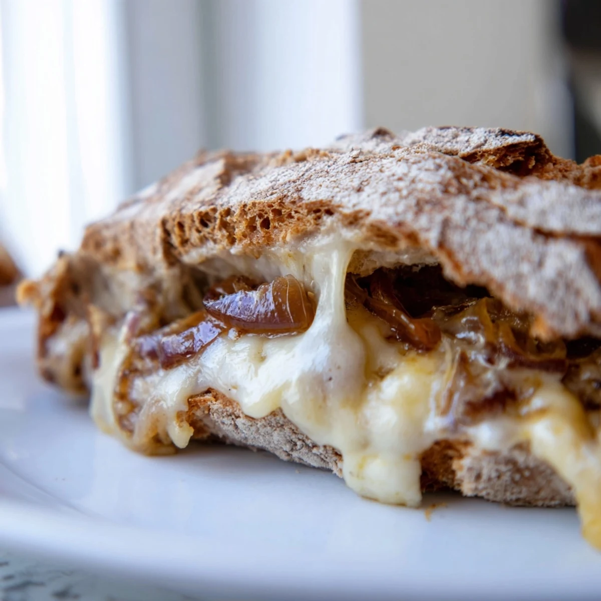 Crispy, golden country bread frames a melty blend of sweet caramelized onions and nutty Gruyère cheese in this gourmet grilled cheese sandwich.