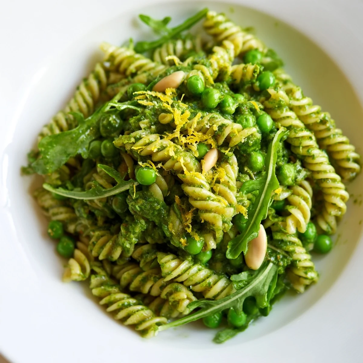This vibrant Spring Green Pesto Pasta Salad features twirly fusilli pasta coated in creamy basil pesto, bright green peas, and peppery arugula.