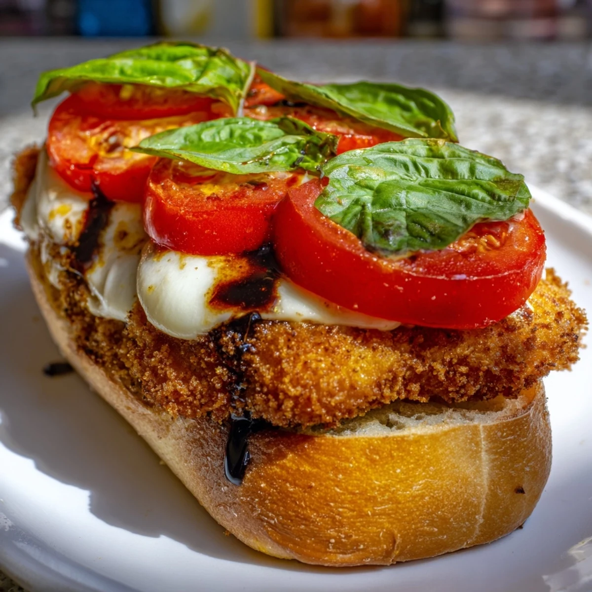 Golden, breaded chicken cutlets topped with melted mozzarella and fresh basil on toasted ciabatta for a Crispy Chicken Caprese Sandwich.
