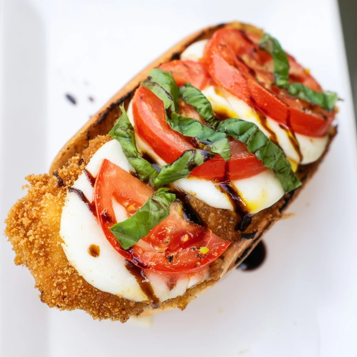 Homemade Crispy Chicken Caprese Sandwich featuring crunchy panko-coated chicken layered with creamy mozzarella, tomatoes, and fresh basil leaves.