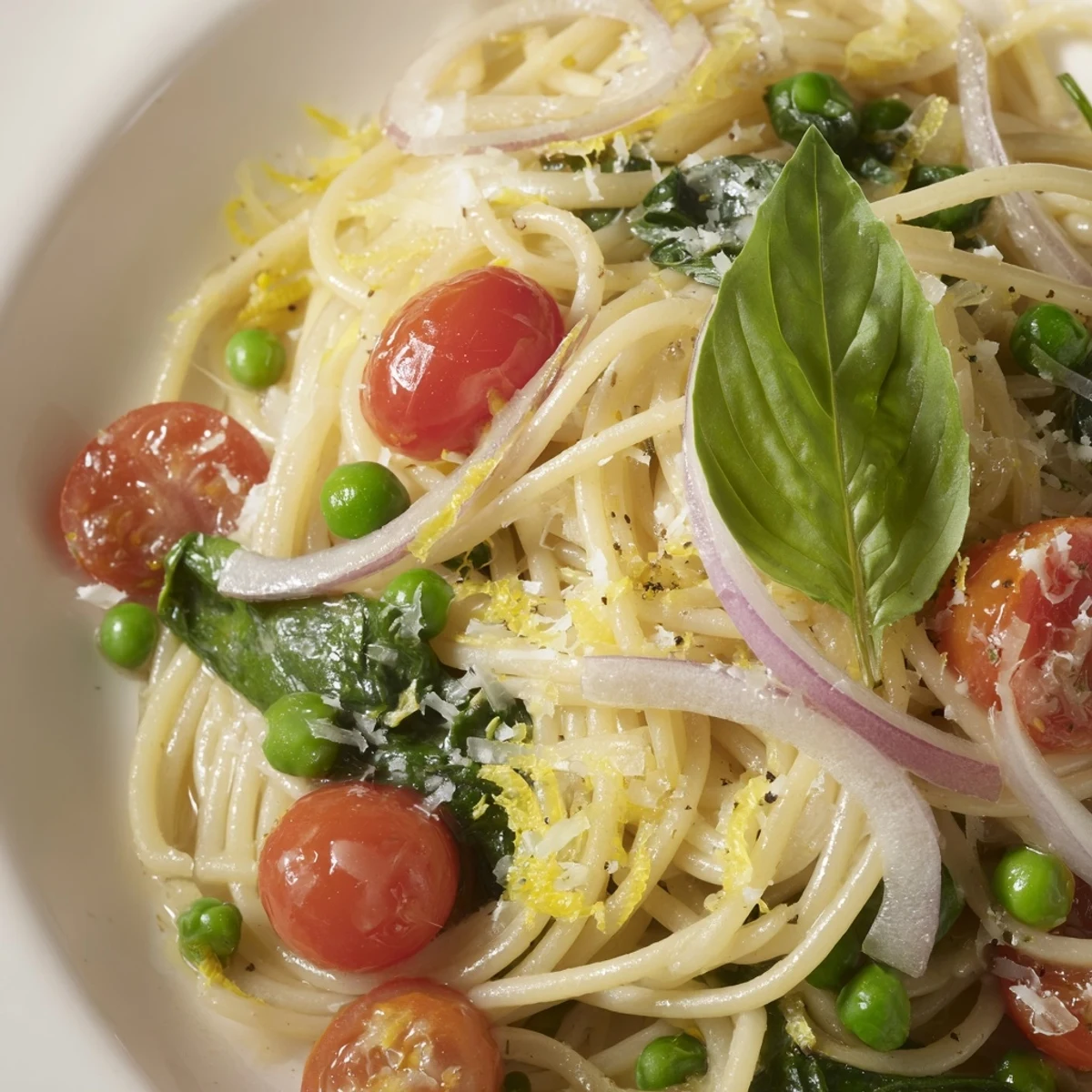 Spring Veggie One-Pot Spaghetti featuring al dente pasta, wilted spinach, and a sprinkle of Parmesan.