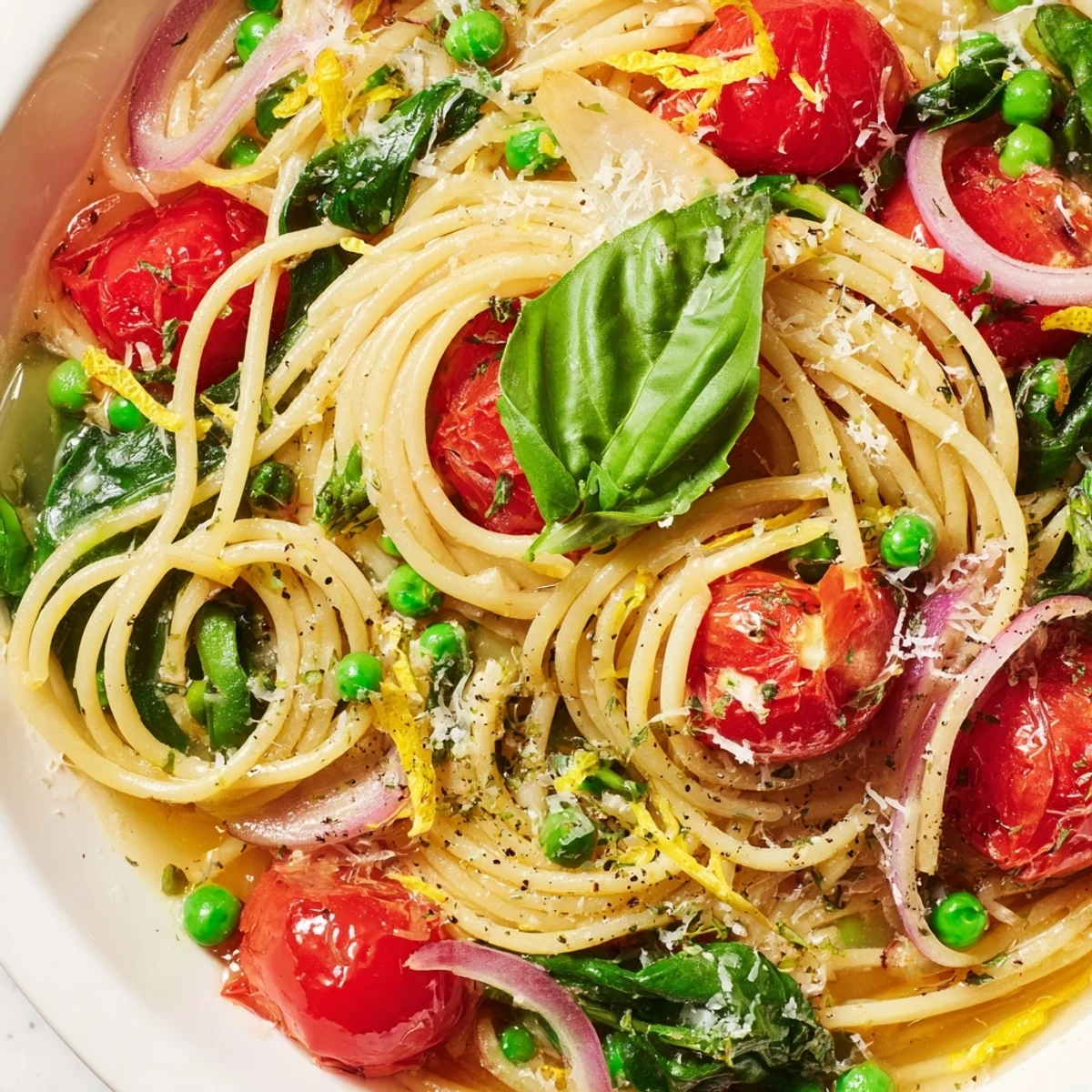 A close-up of Spring Veggie One-Pot Spaghetti garnished with fresh basil and lemon zest on a rustic table.