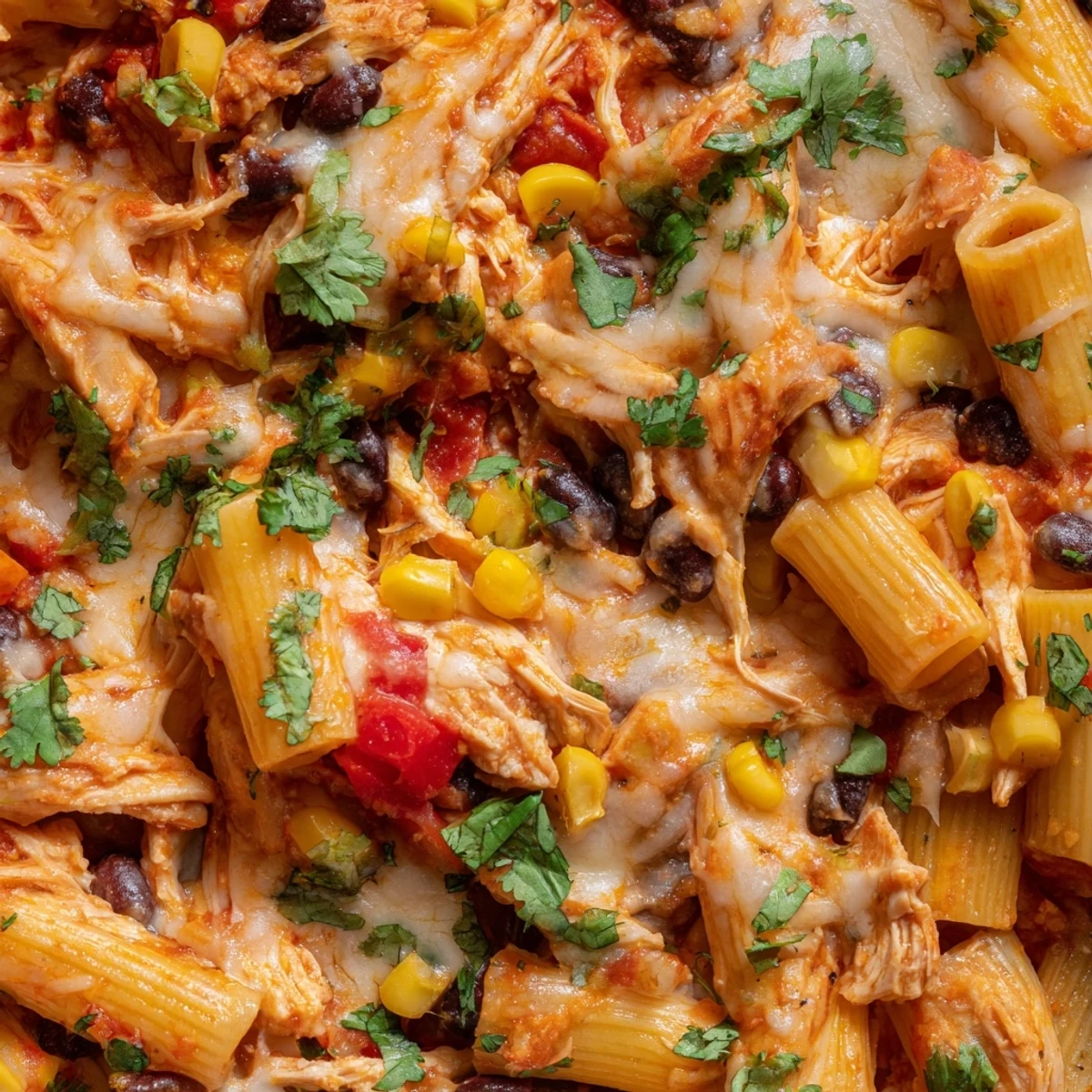 A scoop of Chicken Burrito Pasta Bake reveals a hearty blend of chicken, corn, and salsa.