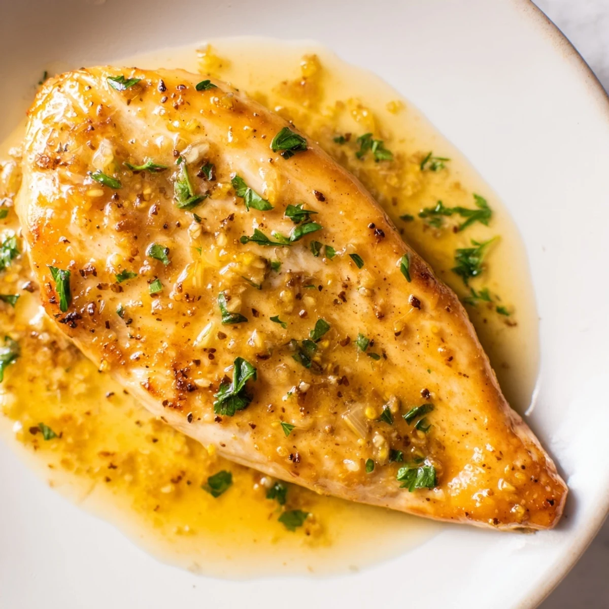 Golden-brown Lemon Pepper Chicken breasts resting in a skillet, glistening with vibrant lemon-butter sauce and fresh parsley garnish.