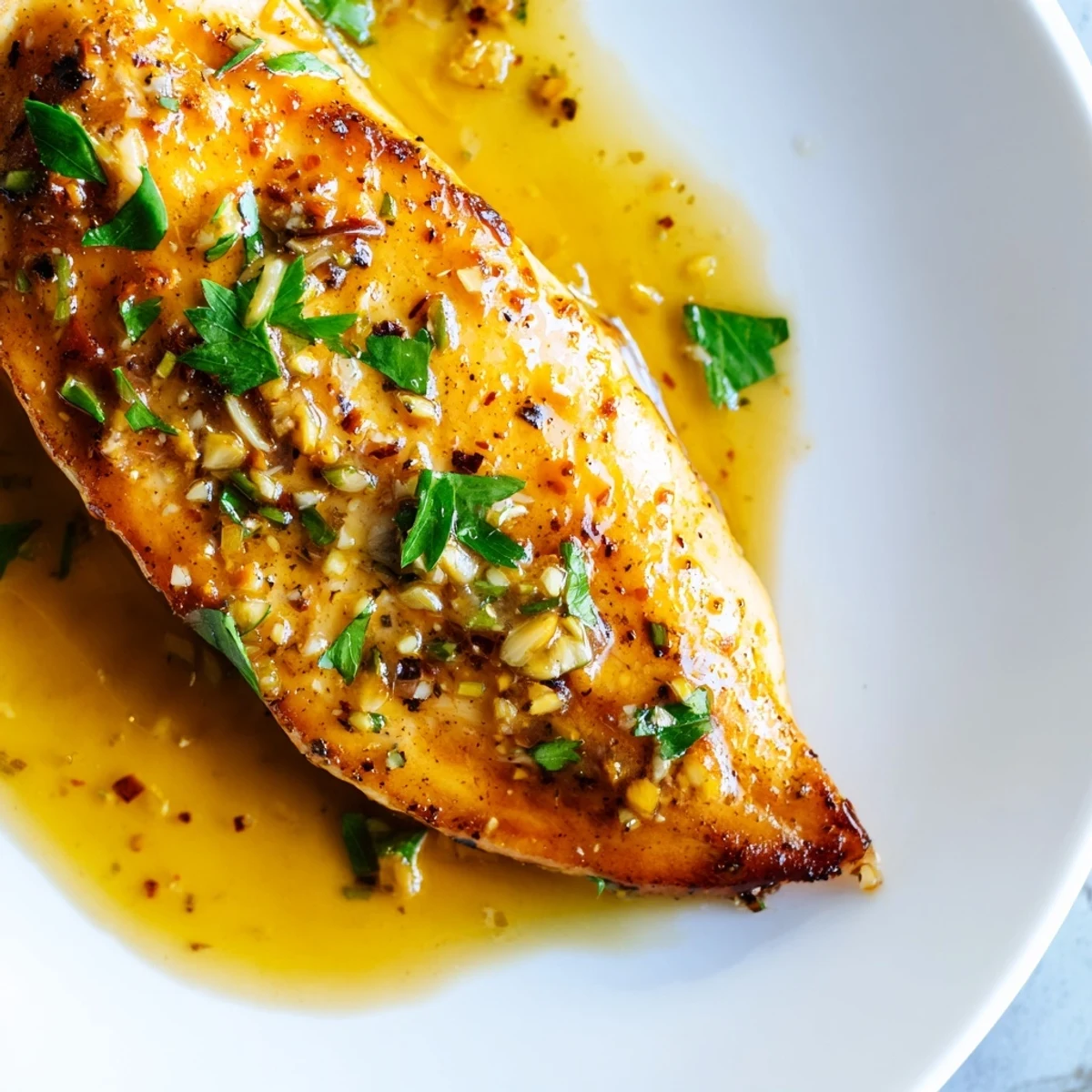 Pan-seared Lemon Pepper Chicken plated with fluffy mashed potatoes and asparagus, drizzled with zesty lemon-pepper butter sauce.