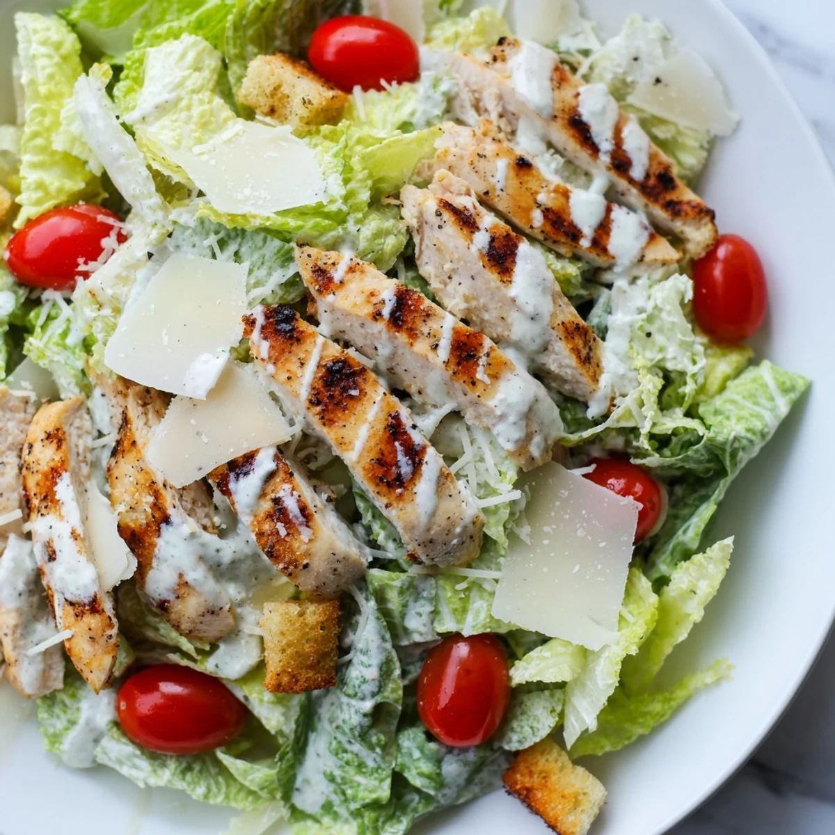 Grilled chicken strips atop crisp romaine lettuce for a yogurt Caesar salad.