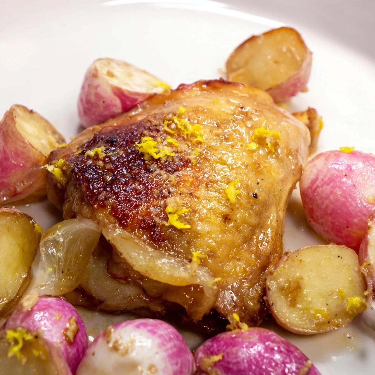 Golden roasted radishes and chicken thighs on a sheet pan with caramelized potatoes and lemon zest, served with fresh parsley.  