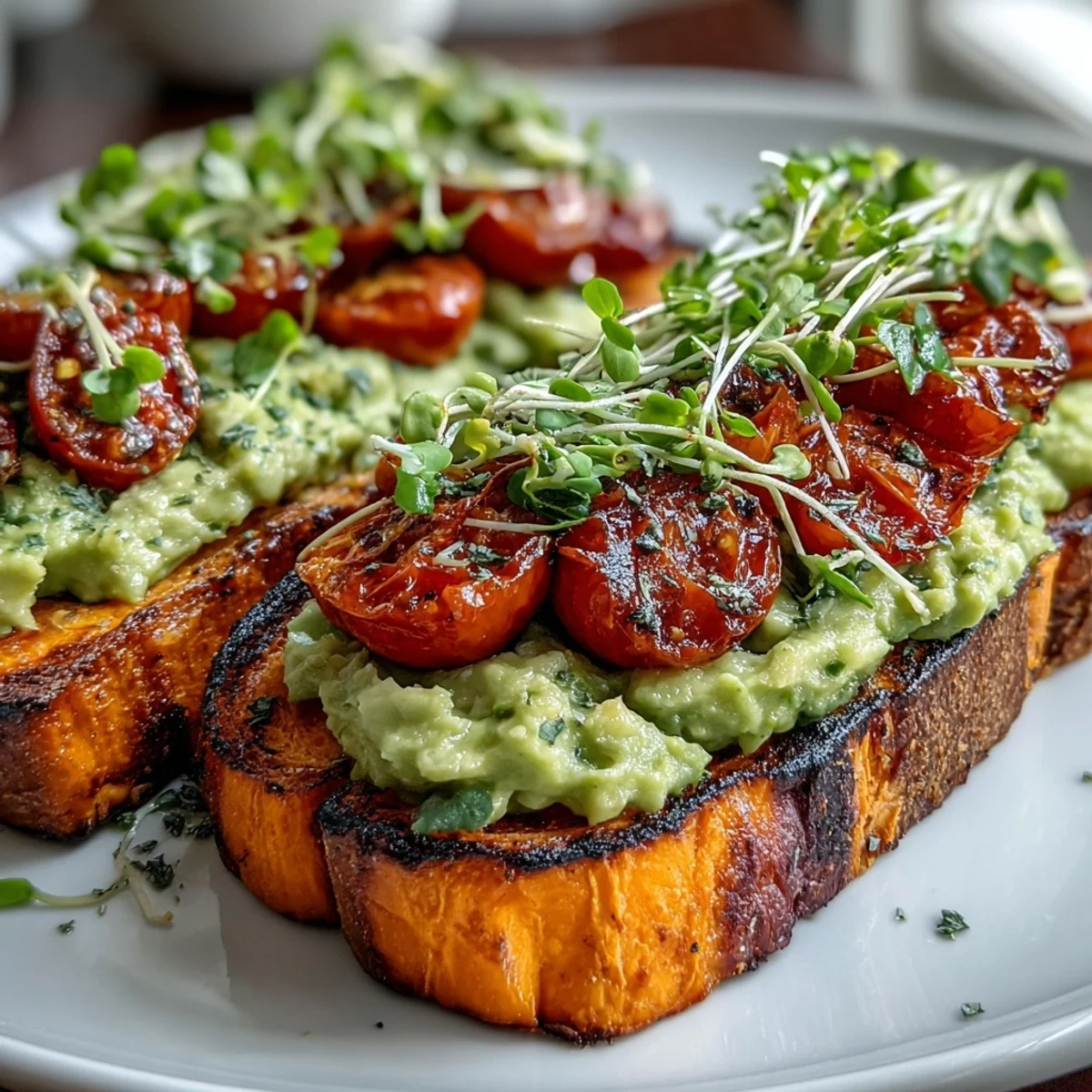 Roasted sweet potato toast slices topped with creamy avocado and cherry tomatoes for a savory breakfast.