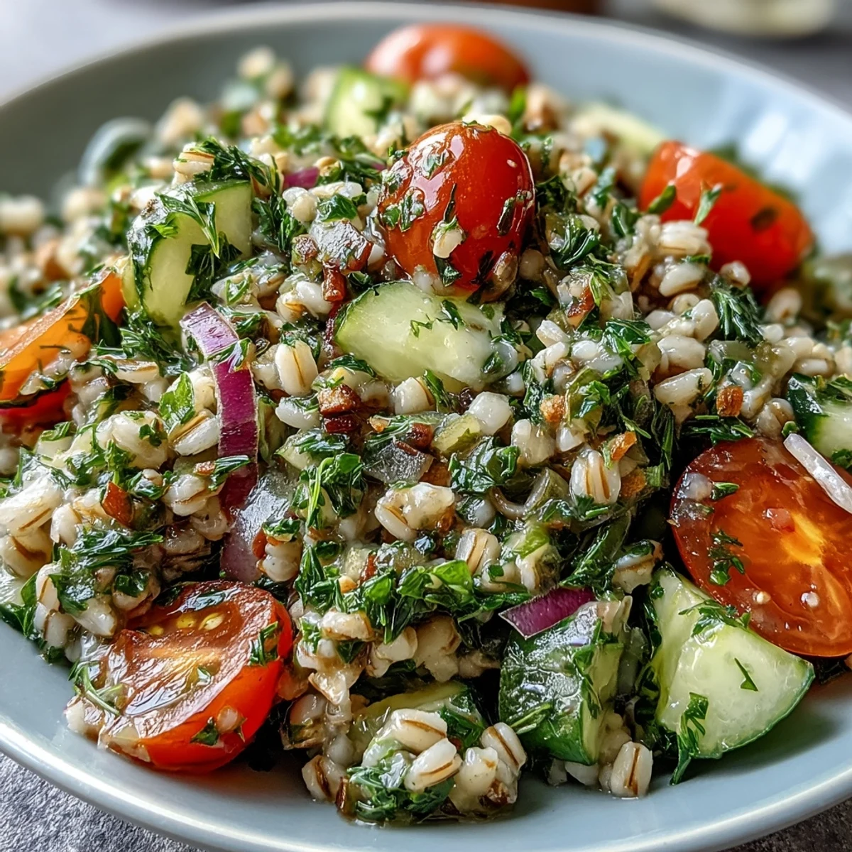 Cooled pearl barley and vibrant herbs mingling with diced red onion and cucumbers in a zesty lemon dressing for a light side.