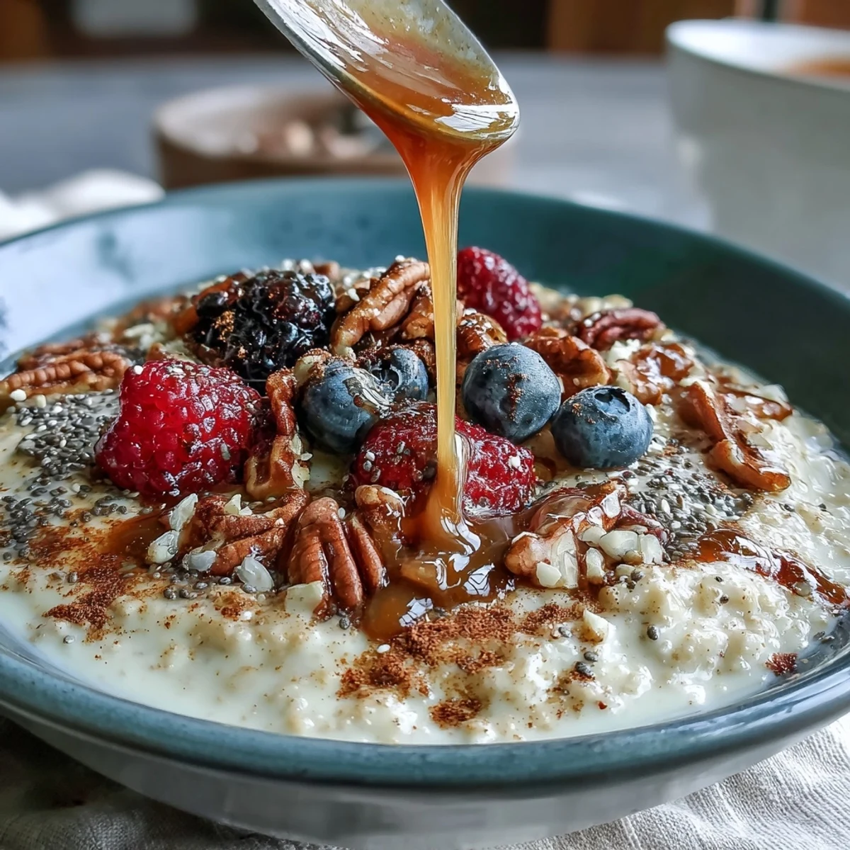 Warm spiced millet porridge with mixed berries, a comforting gluten-free breakfast featuring cinnamon, nutmeg, and a drizzle of maple syrup.