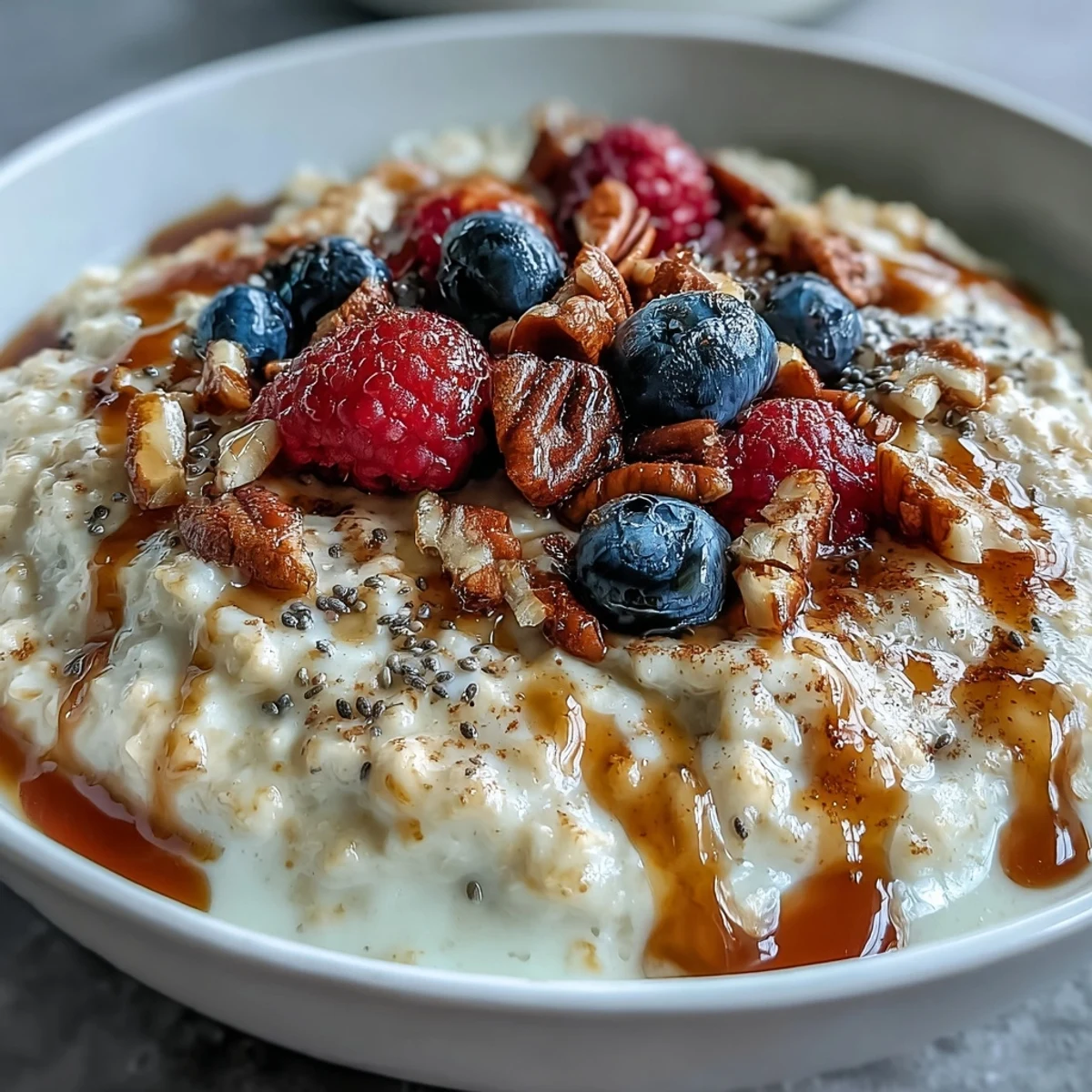 Healthy millet porridge with fresh berries, nuts, and seeds, a vegetarian breakfast option ideal for cozy mornings or meal prep.