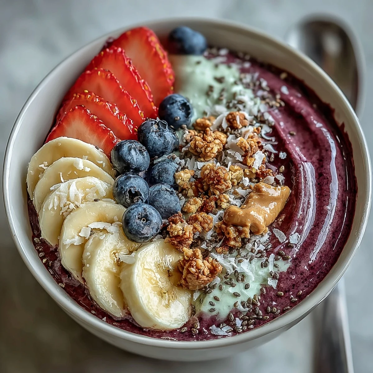 Thick, purple acai berry smoothie bowl garnished with granola, chia seeds, and toasted coconut flakes for a nutritious breakfast.