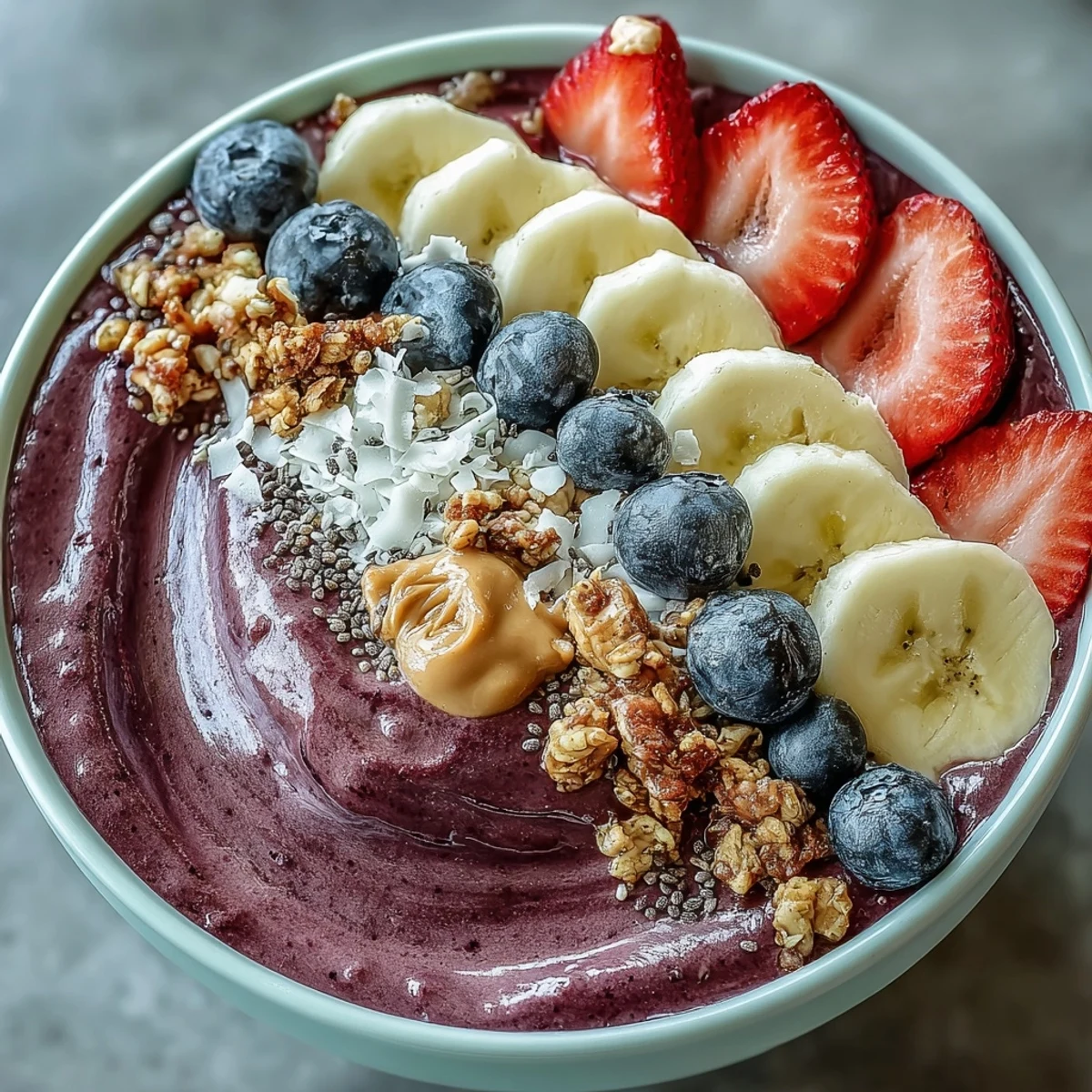 Artfully arranged acai berry smoothie bowl with fresh fruit and crunchy toppings, served in a white ceramic bowl for a bright morning meal.