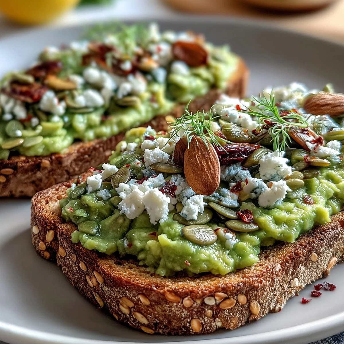 Creamy mashed avocado spread on crispy, golden-brown whole grain toast, topped with tomato slices and a sprinkle of seeds.
