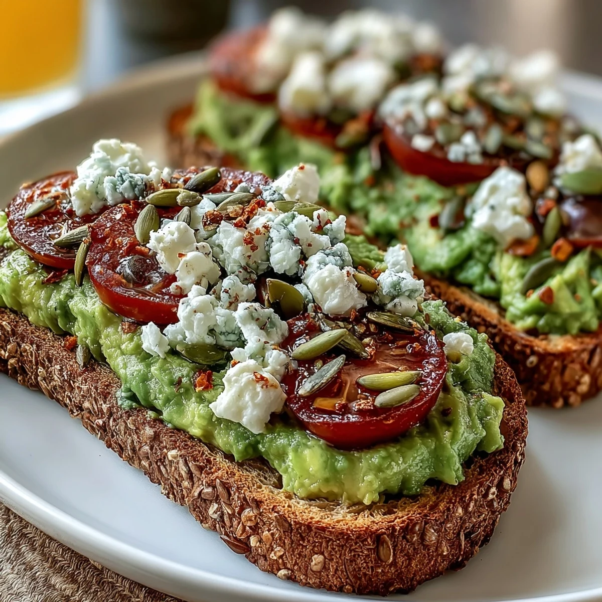 Freshly mashed avocado with lemon and black pepper piled high on toasted whole grain bread, garnished with optional pumpkin seeds.