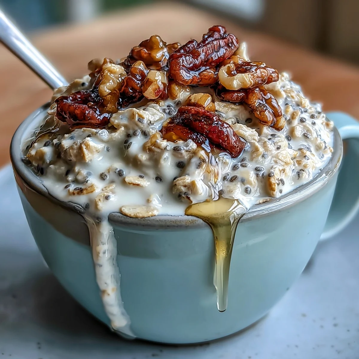 A jar of Overnight Oats With Chia Seeds layered with creamy Greek yogurt, fresh blueberries, and sliced banana for a healthy breakfast.  