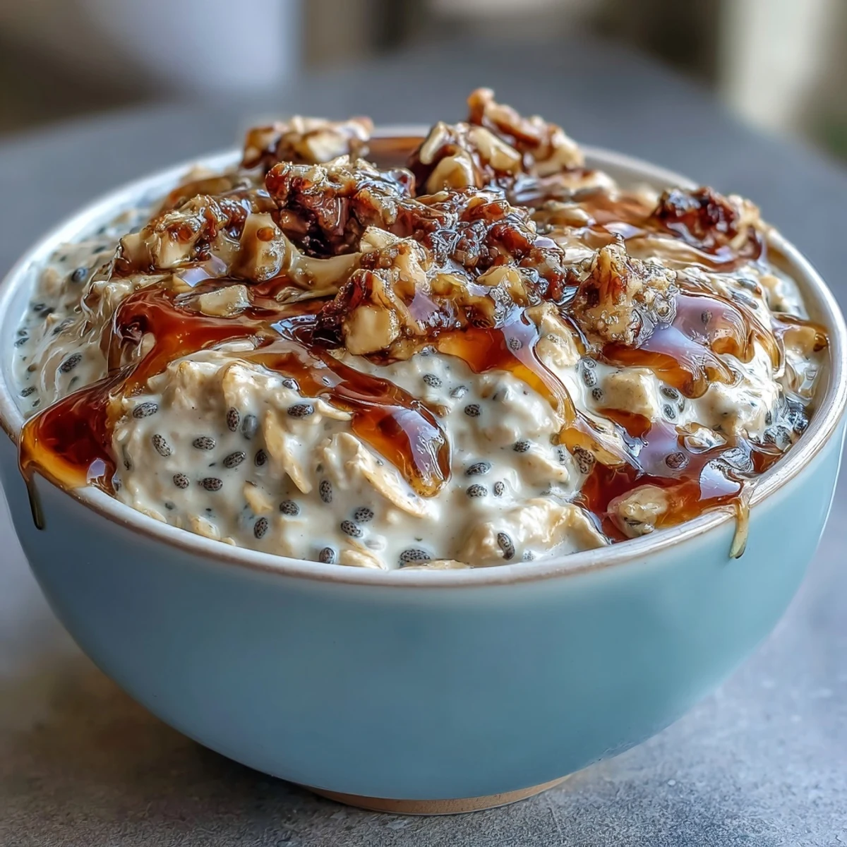 Glass jar showing Overnight Oats With Chia Seeds topped with strawberries, chopped almonds, and a drizzle of honey, perfect for busy mornings.  