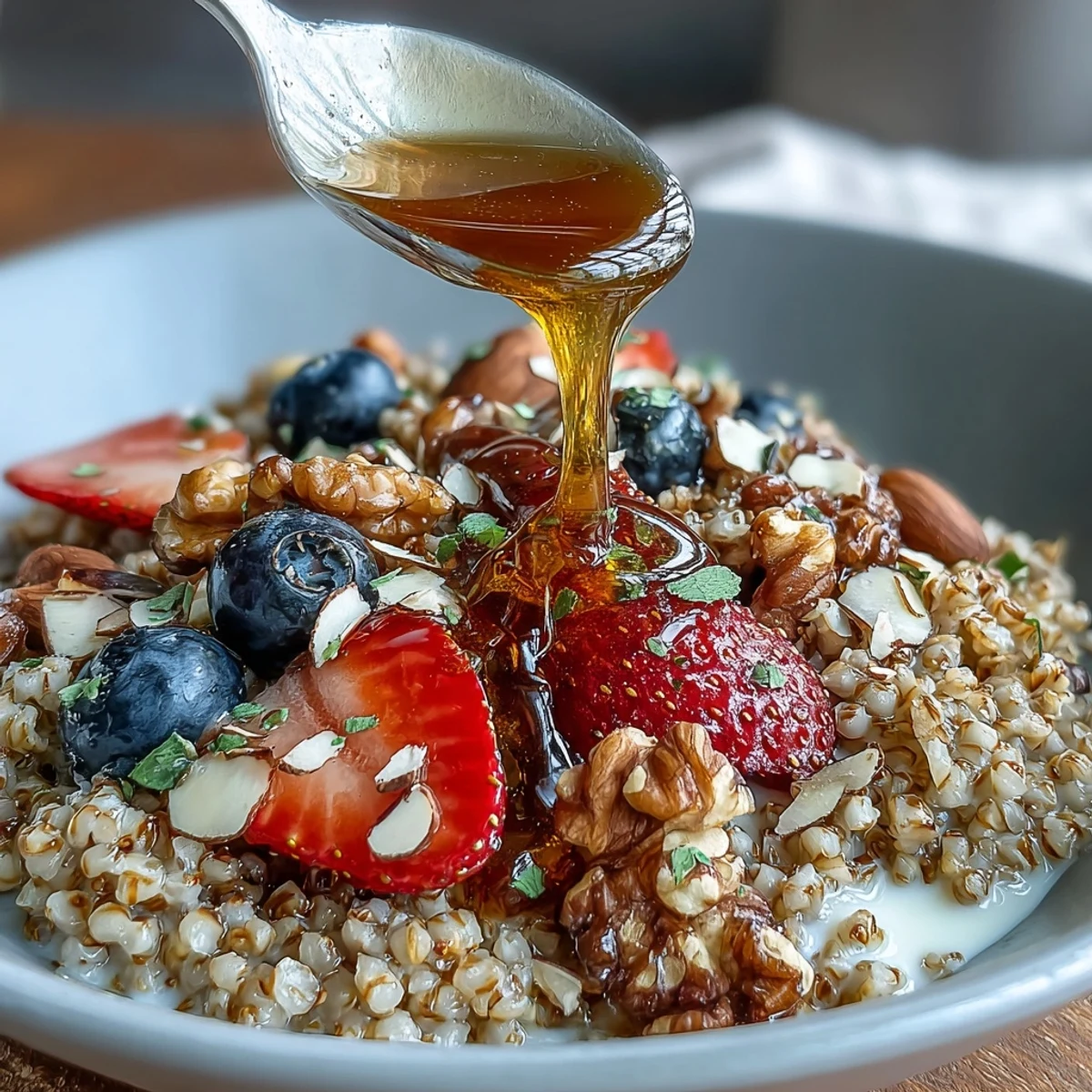 A bowl of warm buckwheat groats topped with sliced fresh strawberries, banana, and chopped almonds, drizzled with honey and sprinkled with cinnamon.  