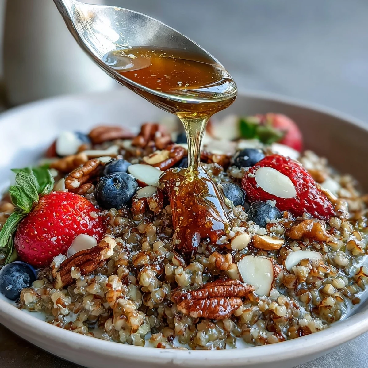 Rustic breakfast of tender buckwheat groats with diced apple, fresh fruit, and crunchy mixed nuts, served warm in a ceramic bowl.