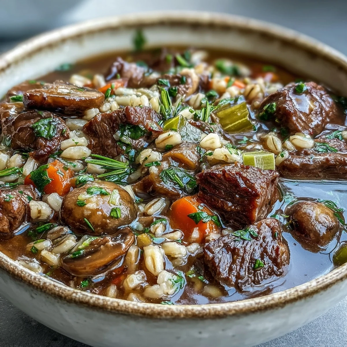 Hot Vegetable Beef, Barley, and Mushroom Soup steams in a rustic bowl, featuring tender beef cubes, carrots, celery, and fresh parsley garnish for a cozy meal.