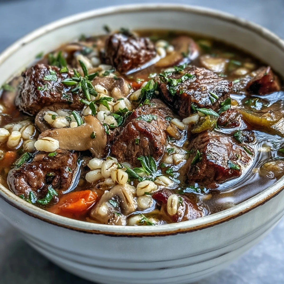 Served with crusty bread, this comforting Vegetable Beef, Barley, and Mushroom Soup is garnished with parsley, highlighting the rich tomato and beef broth.
