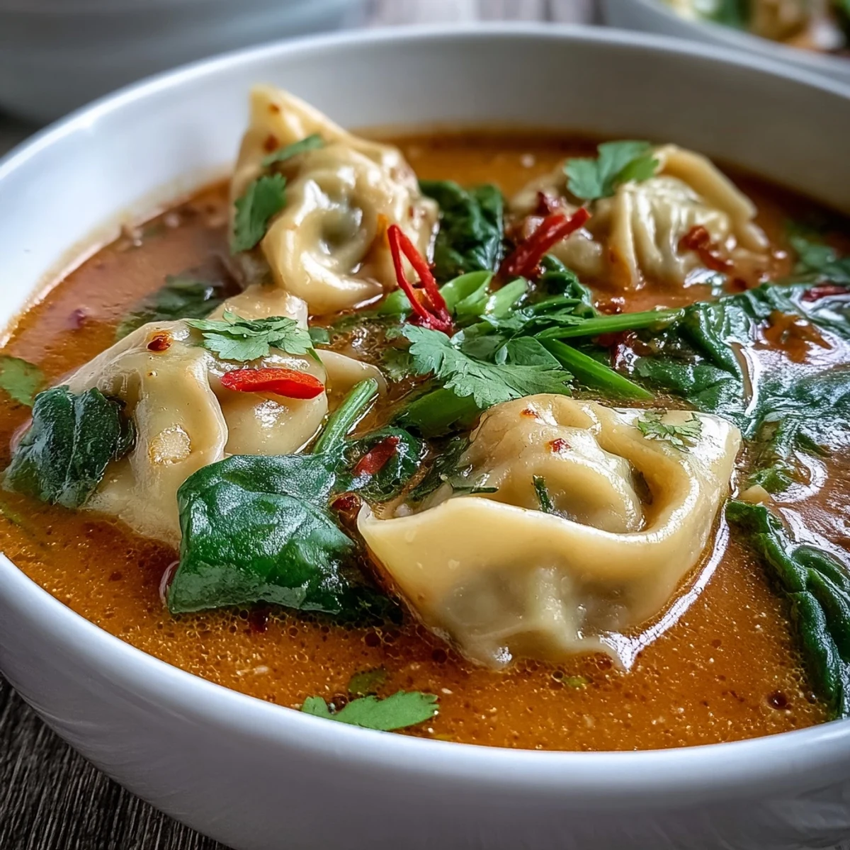 Fragrant bowls of Red Curry Wonton Soup With Greens feature plump wontons and fresh spinach in a creamy broth, ready to enjoy with chopsticks. 