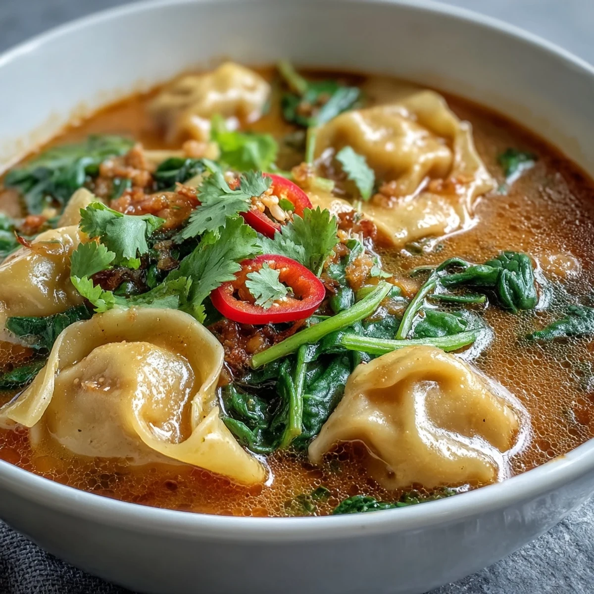 Steaming Asian fusion Red Curry Wonton Soup With Greens showcases tender bok choy and colorful vegetables in a spicy red curry coconut broth.