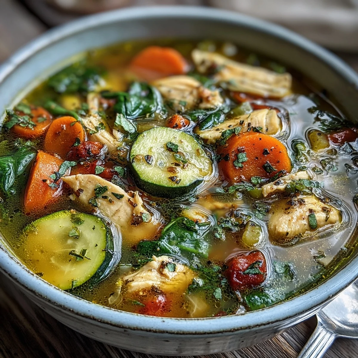 A spoon lifting a serving of golden Turmeric Chicken Soup, revealing tender chicken, carrots, and wilted spinach.