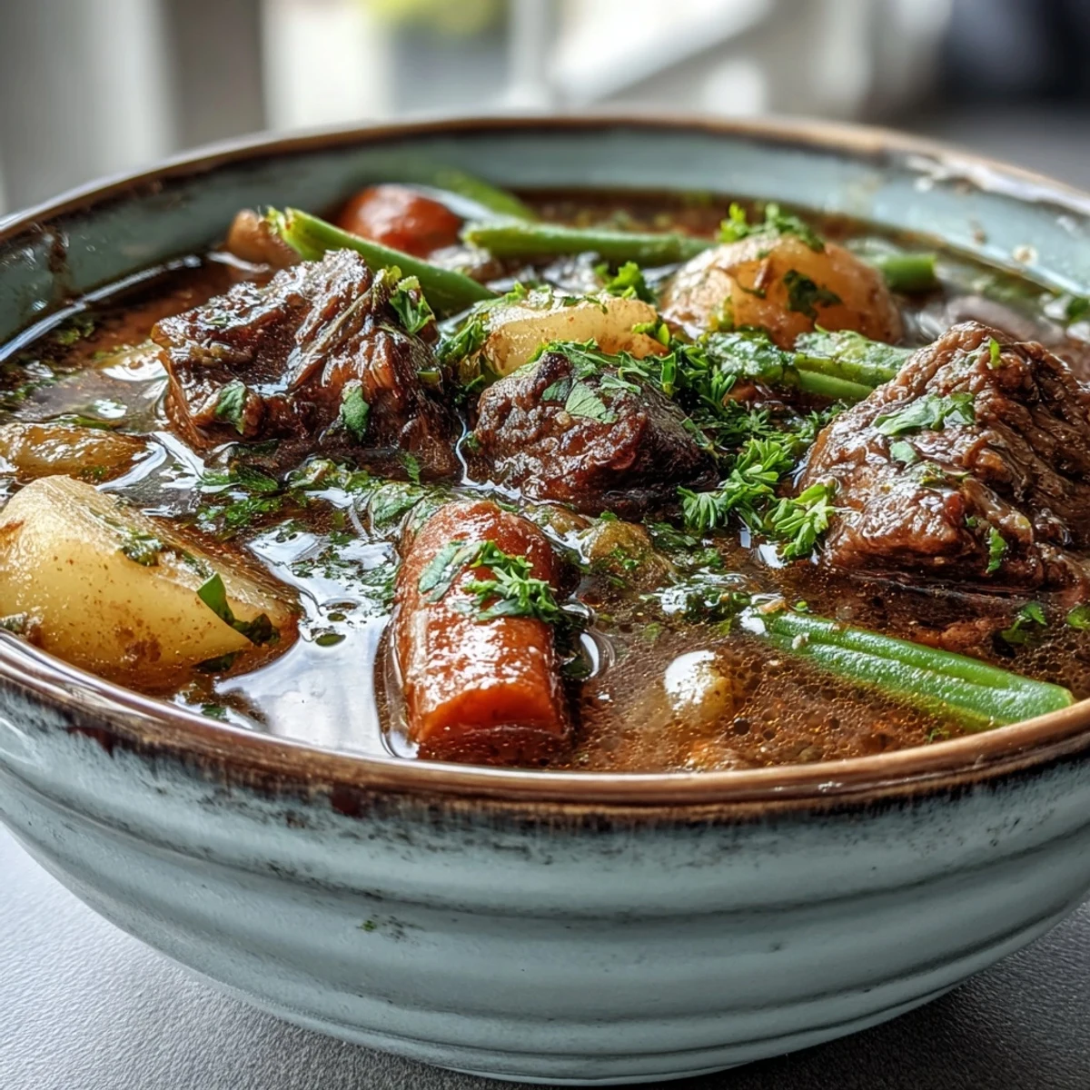 Hearty beef and vegetable soup simmering in a pot with tender beef, carrots, and potatoes, ready to be ladled into rustic bowls.