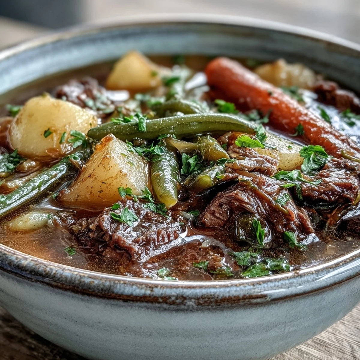 Steaming bowl of beef and vegetable soup featuring colorful root vegetables and fresh parsley garnish, perfect for a cozy winter meal.