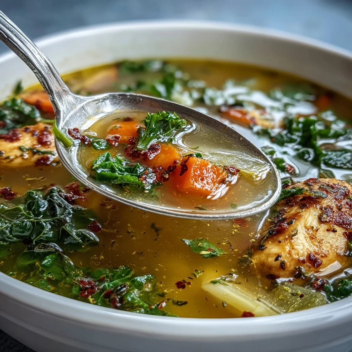 A steaming bowl of High Protein Lemon and Turmeric Chicken Soup, with tender chicken pieces, vibrant carrots, and baby kale floating in a golden, aromatic broth.