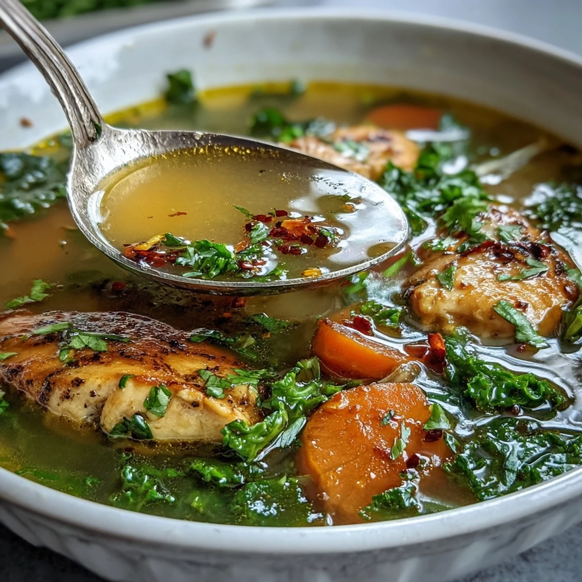 Close-up of a ladle lifting High Protein Lemon and Turmeric Chicken Soup, showcasing hearty vegetables and chicken in a golden turmeric-infused broth.
