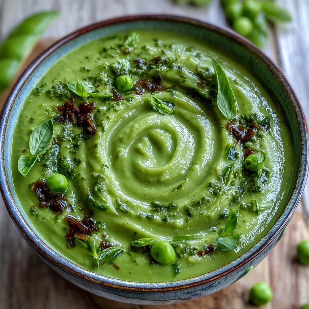 A vibrant green bowl of Courgette, Pea and Pesto Soup topped with fresh basil and a creamy swirl, served beside crusty artisan bread.