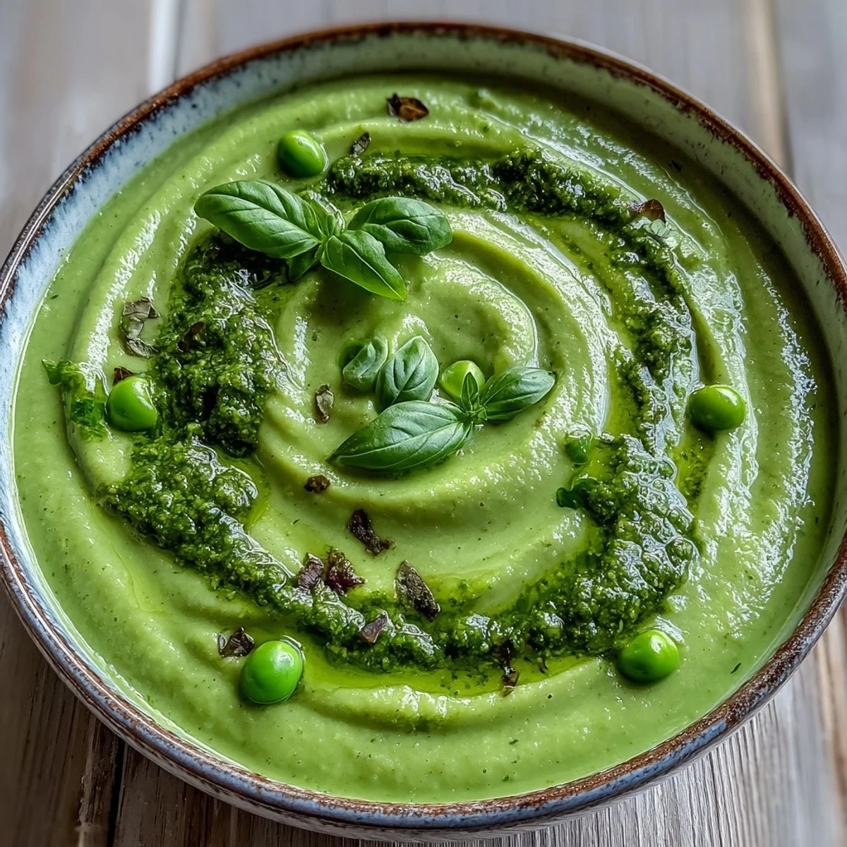 Steaming hot Courgette, Pea and Pesto Soup in a white soup plate, highlighting the bright spring vegetables and herby aroma for a comforting meal.