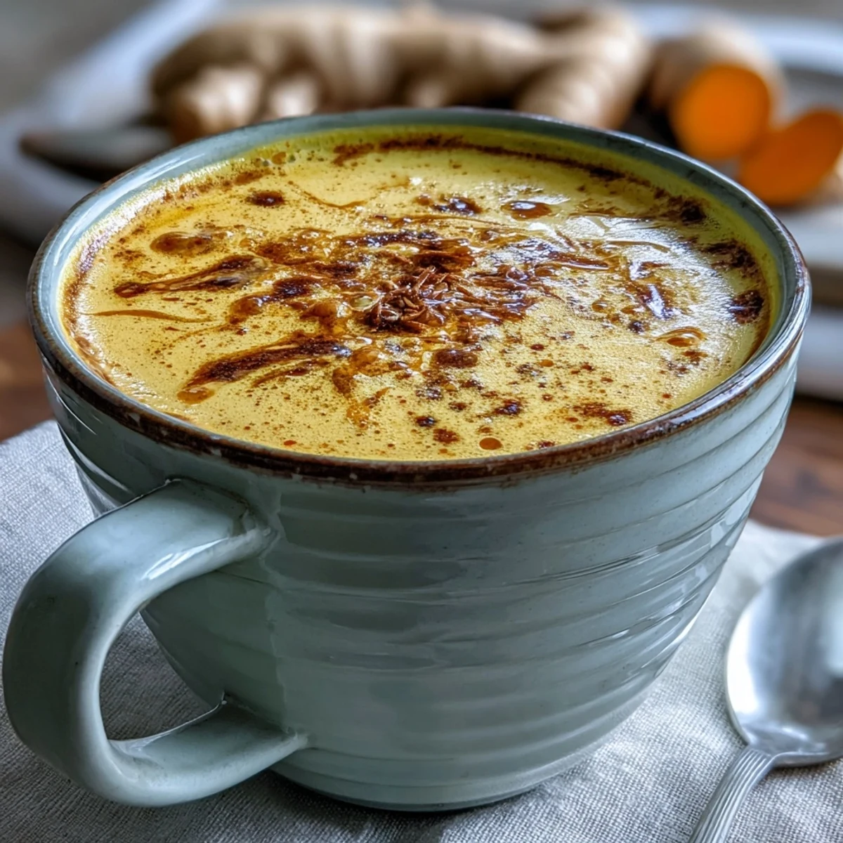 Two mugs of warm Turmeric and Ginger Golden Milk, garnished with a cinnamon stick and a sprinkle of turmeric powder.