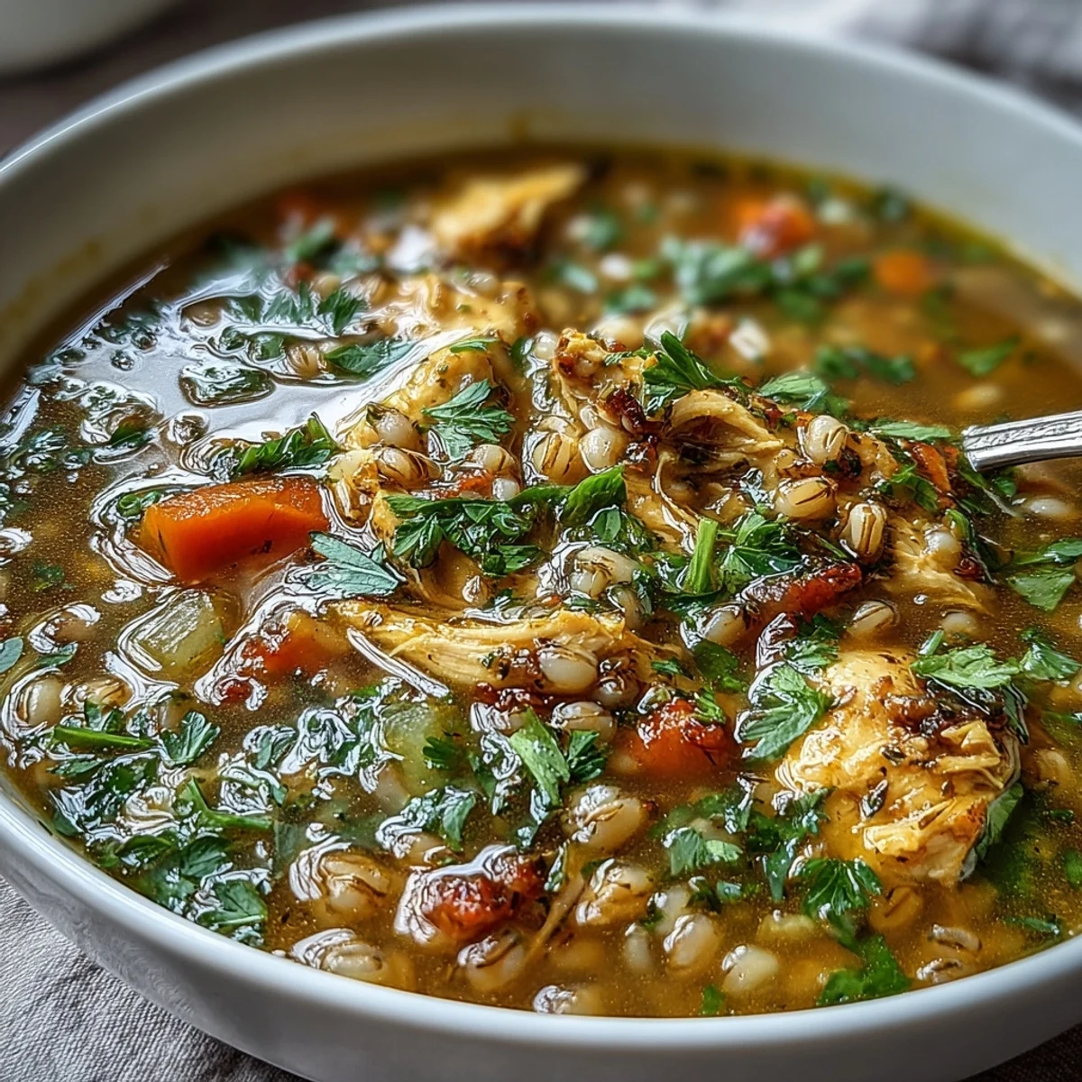 Golden-hued Soothing Turmeric Chicken With Pearl Barley soup in a rustic bowl, garnished with parsley and lemon wedges, steam rising invitingly.