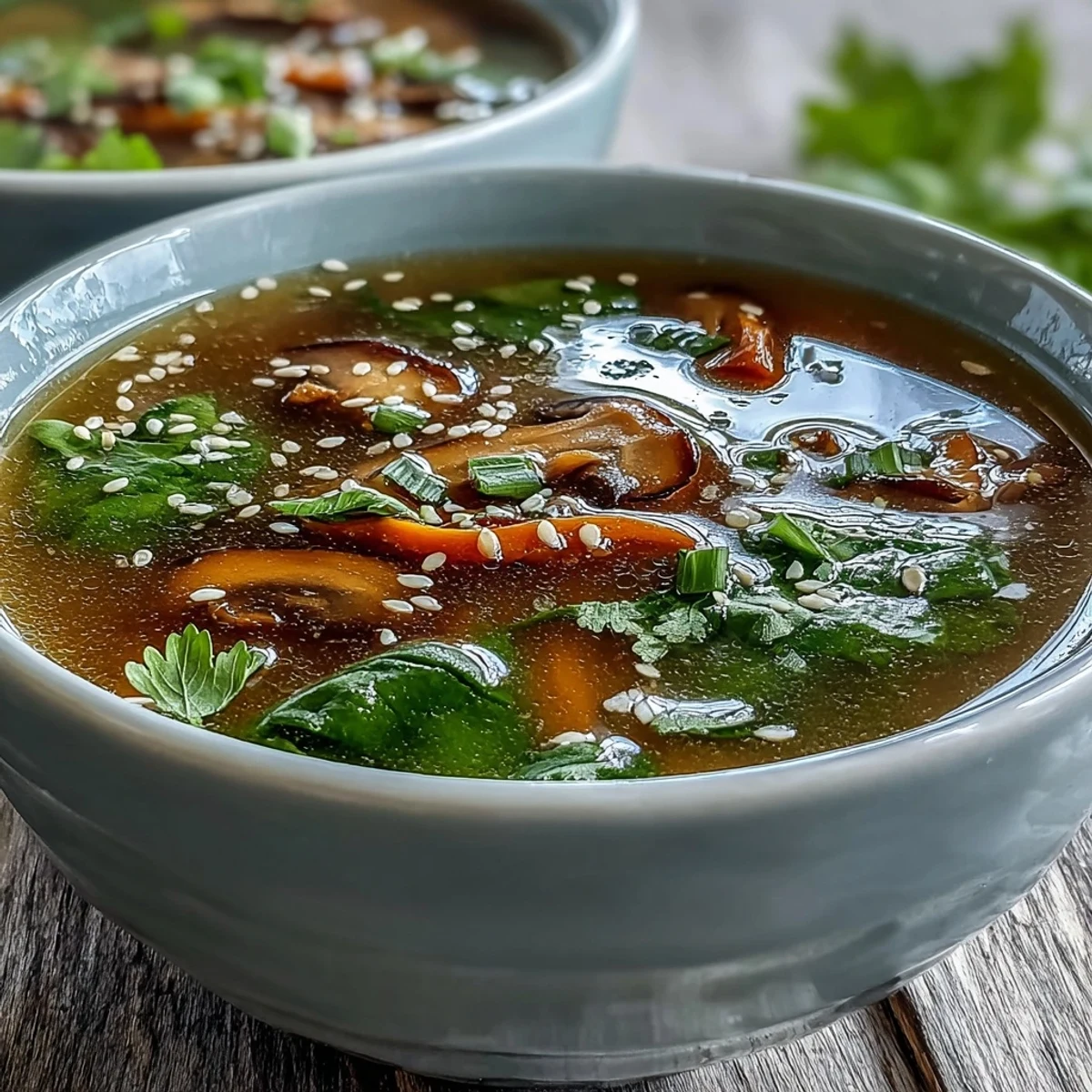 Focusing on a steaming bowl of Miso Ginger Winter Soup, rich with shiitake mushrooms, carrots, and wilted spinach.