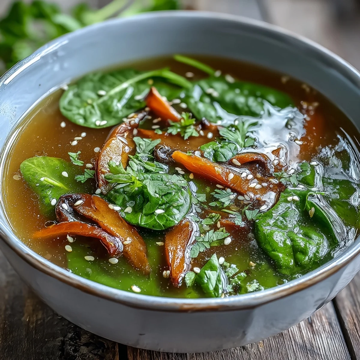 A close-up view of Miso Ginger Winter Soup featuring crisp green onions and toasted sesame seeds atop a savory broth.