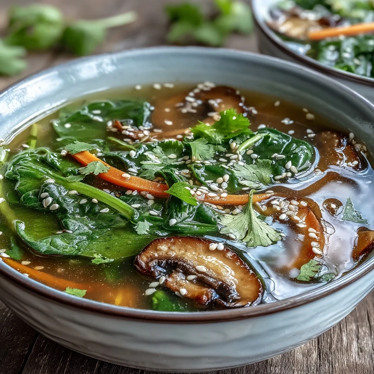 Steaming Miso Ginger Winter Soup served in a rustic ceramic bowl, highlighting bright carrots, spinach, and tender mushrooms.
