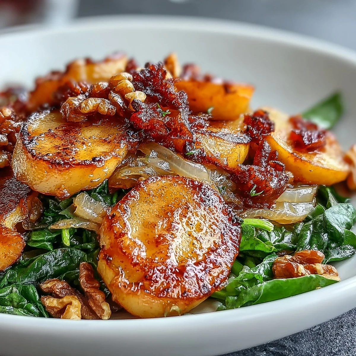 Golden caramelized apples and warm sauerkraut fill this skillet, topped with crunchy nuts and fresh parsley.